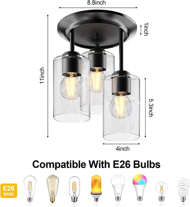 Alt view image 6 of 7 - Kalium 3-Lights Semi Flush Mount Ceiling Light Fixture Black for Kitchen
