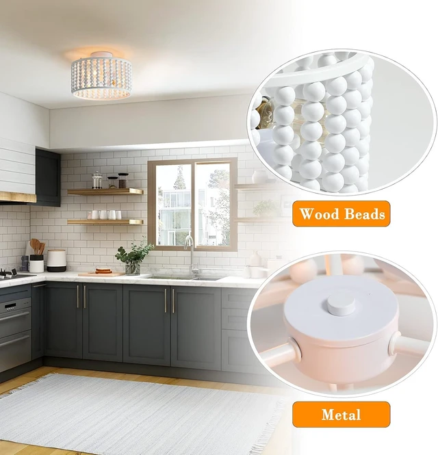 Alt view image 2 of 7 - tewei Wood Bead Chandelier, Semi Flush Mount Boho Nursery Ceiling Light Fixture Rustic 3 Lights Chandelier Farmhouse E26 for Kitchen Bedroom Living Dining Room White