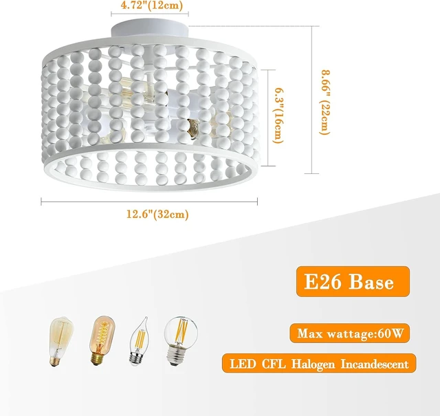 Alt view image 3 of 7 - tewei Wood Bead Chandelier, Semi Flush Mount Boho Nursery Ceiling Light Fixture Rustic 3 Lights Chandelier Farmhouse E26 for Kitchen Bedroom Living Dining Room White