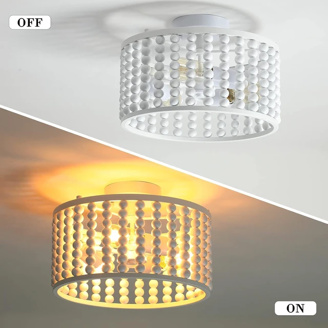 Alt view image 4 of 7 - tewei Wood Bead Chandelier, Semi Flush Mount Boho Nursery Ceiling Light Fixture Rustic 3 Lights Chandelier Farmhouse E26 for Kitchen Bedroom Living Dining Room White