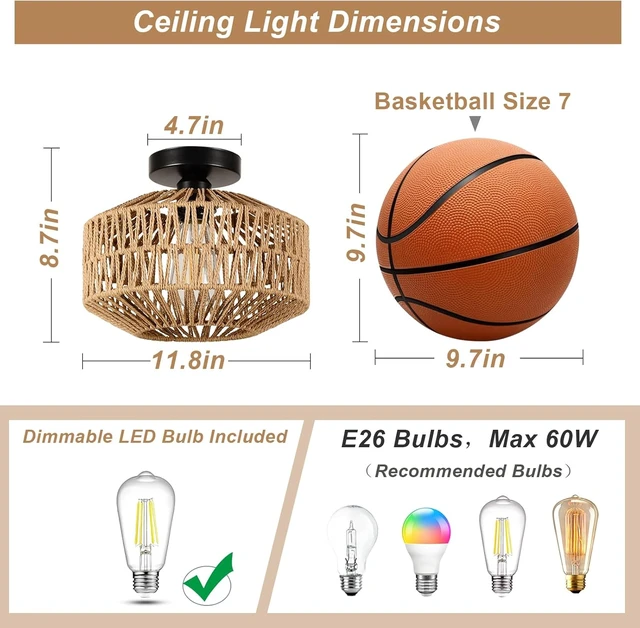Alt view image 3 of 7 - Boho Light Fixtures Ceiling Mount,Mini Rattan Chandelier Light Fixture with Dimmable LED Bulb,Hand Woven Ceiling Light Fixtures Flush Mount for Hallway Bedroom Kitchen Entryway Living Room
