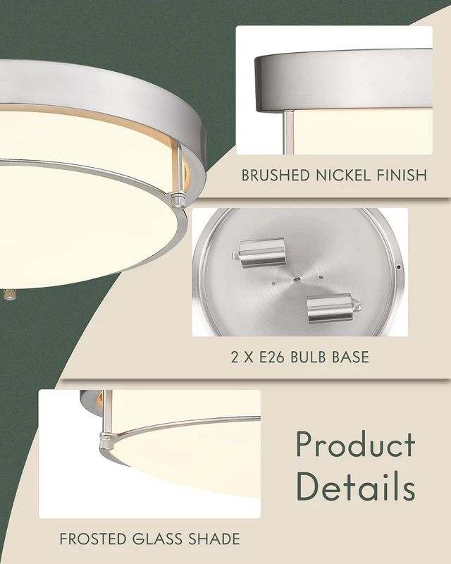 Alt view image 4 of 7 - Close to Ceiling Light Fixtures, Bushed Nickel Farmhouse Ceiling Light with 2 Light for Laundry Kitchen Bedroom Bathroom, 4822-BN