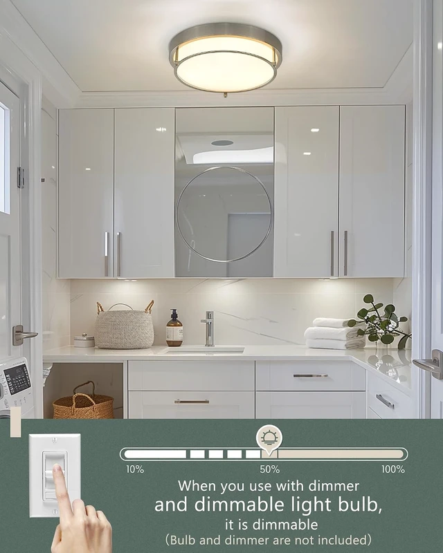 Alt view image 7 of 7 - Close to Ceiling Light Fixtures, Bushed Nickel Farmhouse Ceiling Light with 2 Light for Laundry Kitchen Bedroom Bathroom, 4822-BN