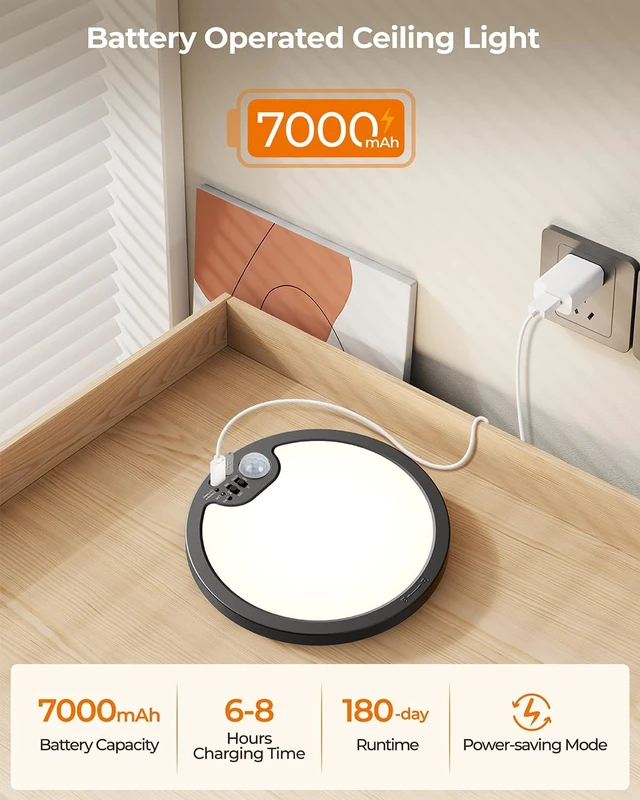Alt view image 3 of 7 - Rechargeable Motion Sensor Light Indoor, Cordless Battery Operated Ceiling Light with Remote, 7000mAh Magnetic Mount LED Shower Light for Closet Pantry Shed Stair Hallway, Black