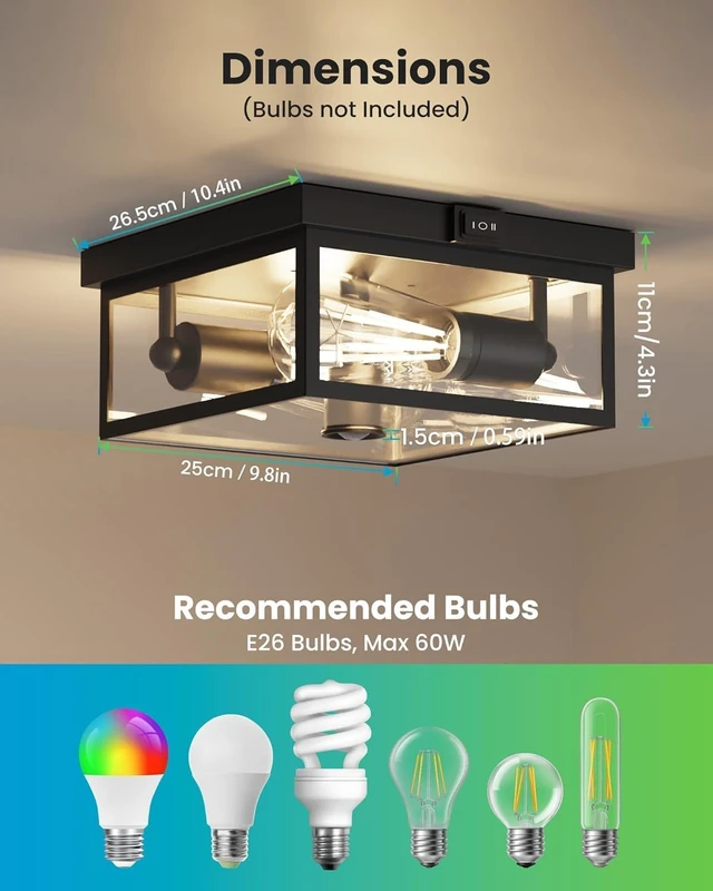 Alt view image 5 of 7 - Outdoor Ceiling Light with Motion Sensor, Flush Mount Porch Light, Exterior Light Fixture with Clear Glass, Dusk to Dawn 2-Light Fixture for Patio,Porch (10.5 in)