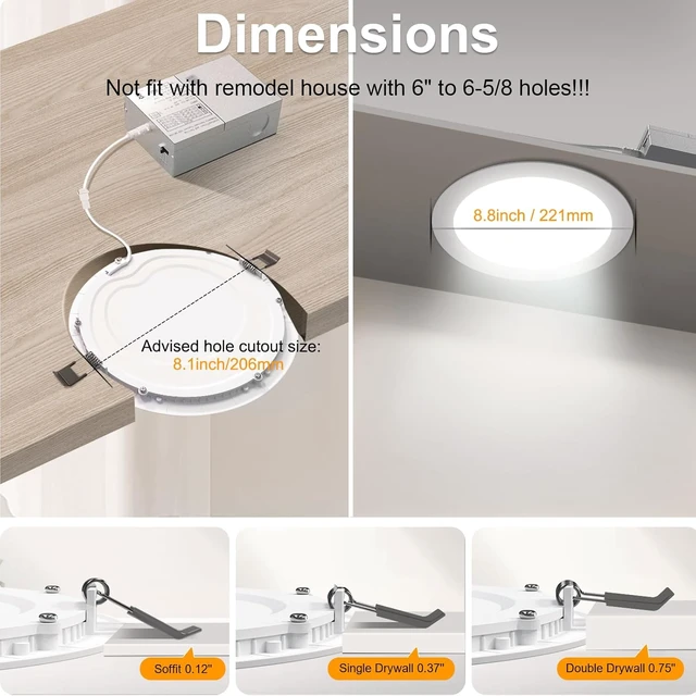 Alt view image 4 of 7 - 6 Pack 8 Inch LED Recessed Lighting with Junction Box Ultra-Thin, 3000K/4500K/6000K Selectable, 8" Dimmable Canless LED Downlight, 1800LM CRI80 High Brightness 5%-100% Recessed Light