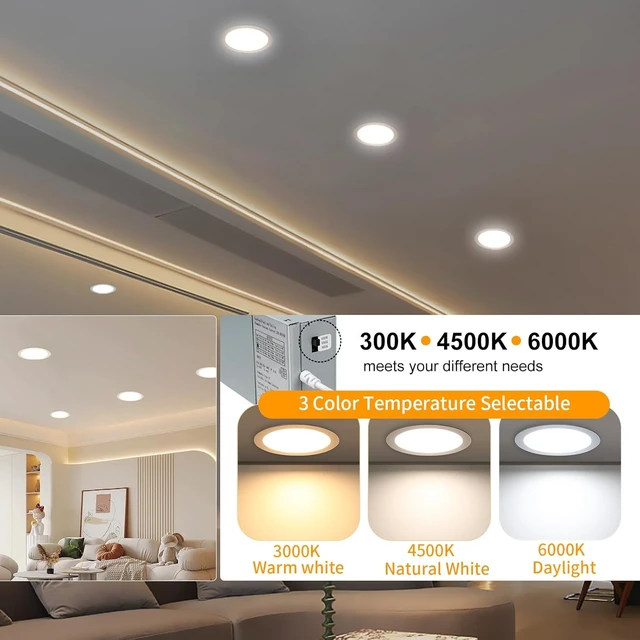 Alt view image 3 of 7 - 6 Pack 8 Inch LED Recessed Lighting with Junction Box Ultra-Thin, 3000K/4500K/6000K Selectable, 8" Dimmable Canless LED Downlight, 1800LM CRI80 High Brightness 5%-100% Recessed Light