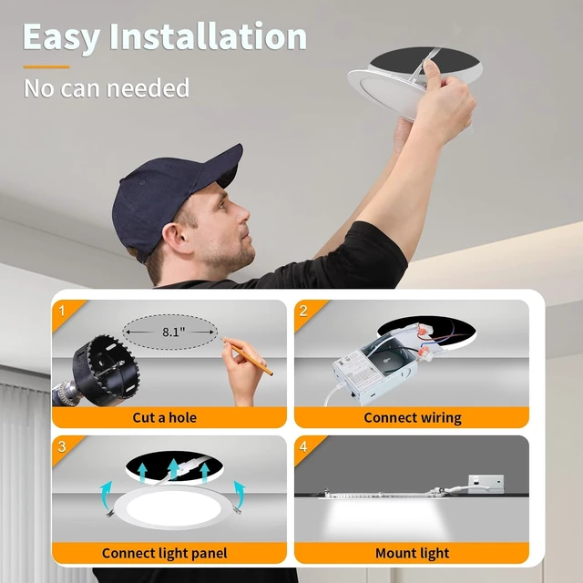 Alt view image 7 of 7 - 6 Pack 8 Inch LED Recessed Lighting with Junction Box Ultra-Thin, 3000K/4500K/6000K Selectable, 8" Dimmable Canless LED Downlight, 1800LM CRI80 High Brightness 5%-100% Recessed Light