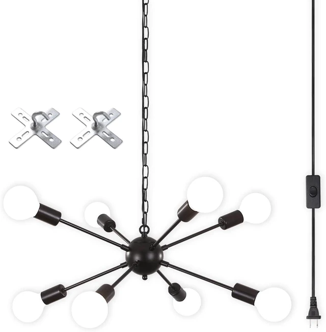 Main image of 8 Lights Plug in Chandelier, Hanging Lights Black Plug in Pendant Light