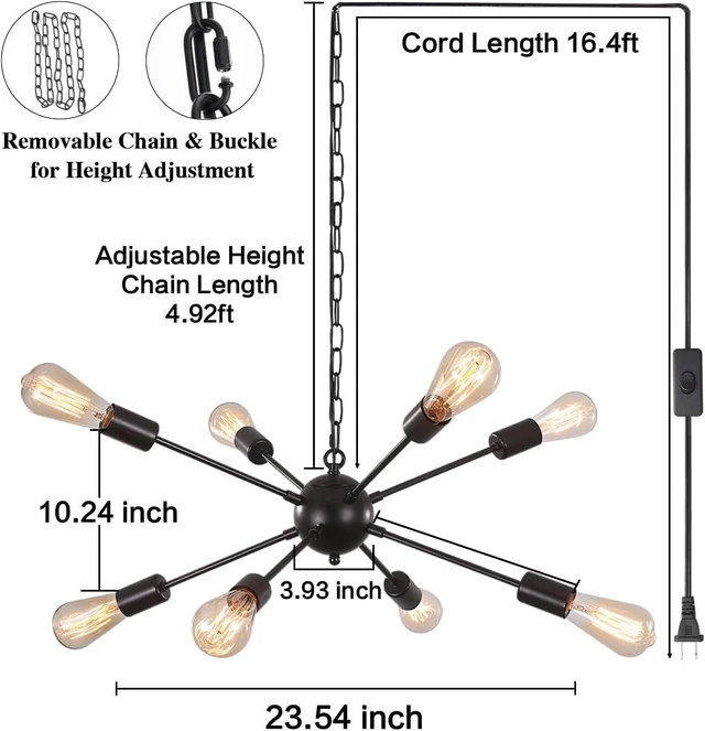 Alt view image 5 of 7 - 8 Lights Plug in Chandelier, Hanging Lights Black Plug in Pendant Light
