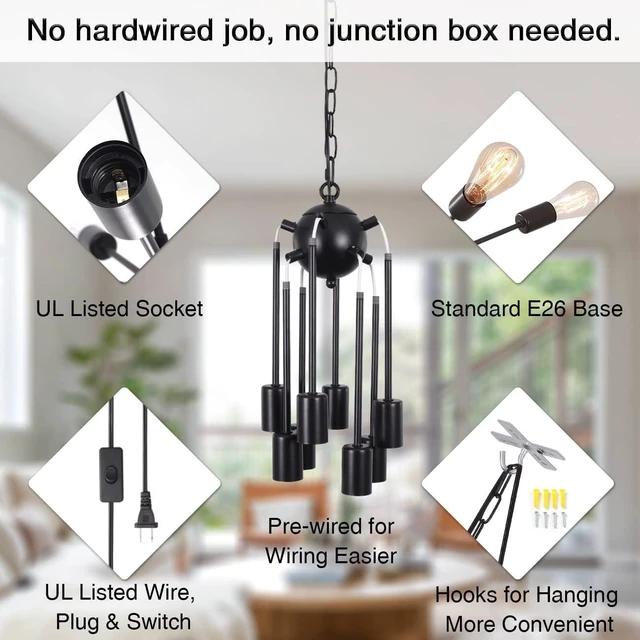 Alt view image 6 of 7 - 8 Lights Plug in Chandelier, Hanging Lights Black Plug in Pendant Light