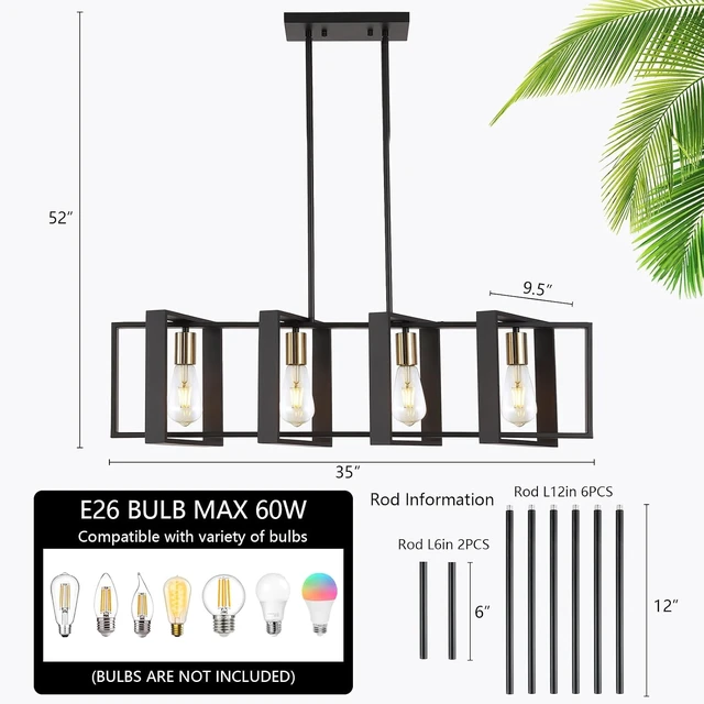 Alt view image 2 of 7 - 35.4" Kitchen Island Lighting Fixture, Dining Room 4 Lights Chandeliers, Black Wood+Metal Pendant Light for Foyer Hallway Living Room
