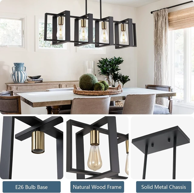 Alt view image 3 of 7 - 35.4" Kitchen Island Lighting Fixture, Dining Room 4 Lights Chandeliers, Black Wood+Metal Pendant Light for Foyer Hallway Living Room