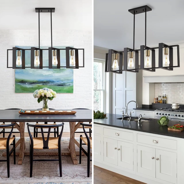 Alt view image 6 of 7 - 35.4" Kitchen Island Lighting Fixture, Dining Room 4 Lights Chandeliers, Black Wood+Metal Pendant Light for Foyer Hallway Living Room