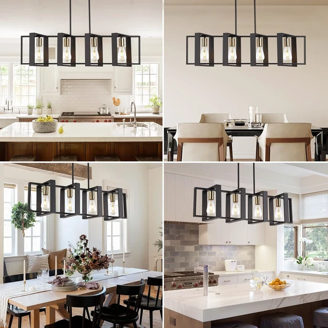 Alt view image 7 of 7 - 35.4" Kitchen Island Lighting Fixture, Dining Room 4 Lights Chandeliers, Black Wood+Metal Pendant Light for Foyer Hallway Living Room