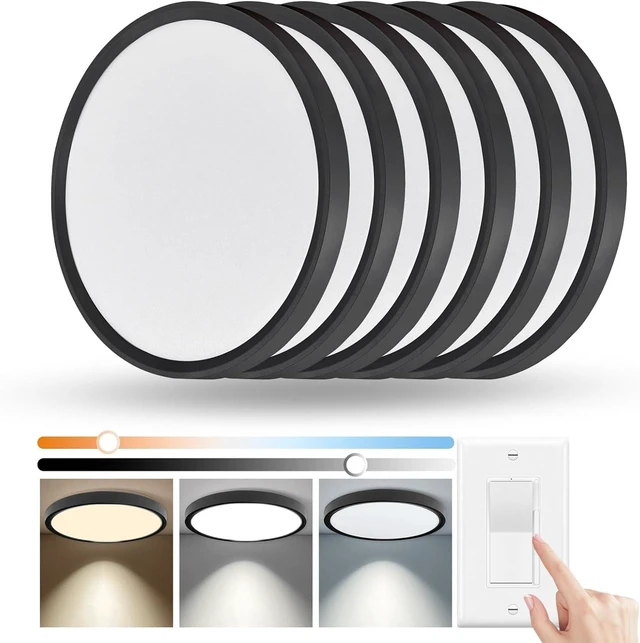 Main image of 6 Pack 12 Inch Hardwired Dimmable LED Flush Mount Ceiling Light Fixtures, 24W 2640LM 3000K/4000K/5000K, House Upgrade Led Lights for Bedroom Hallway Laundry Room Rental Units, 240W Equiv., Black