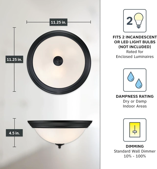 Alt view image 4 of 6 - Designers Fountain Flush Mount Ceiling Light, 11 Inch Frosted Glass Lighting Fixture for Kitchen, Bedroom, Bathroom, and Hallway, LED Bulbs Not Included, Matte Black
