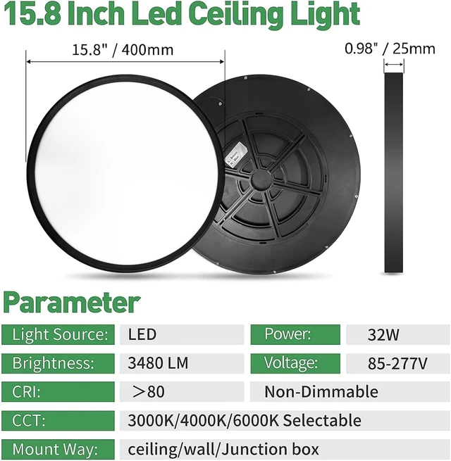 Alt view image 3 of 7 - 15.8Inch 4PK Black LED Flush Mount Ceiling Light,32W,3480LM,3CCT Selectable
