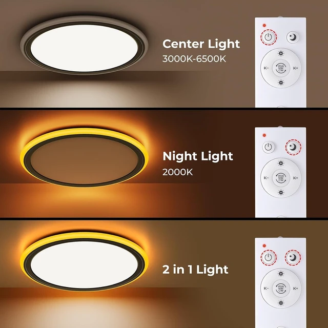 Alt view image 2 of 7 - BLNAN 13in LED Flush Mount Ceiling Light Fixture with Remote Control, Dimmable Night Light 2000K, 3000K-6500K 24W Wired Low Profile Light for Bedroom, Kitchen, Living Room, Round Black