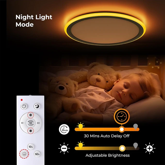 Alt view image 4 of 7 - BLNAN 13in LED Flush Mount Ceiling Light Fixture with Remote Control, Dimmable Night Light 2000K, 3000K-6500K 24W Wired Low Profile Light for Bedroom, Kitchen, Living Room, Round Black