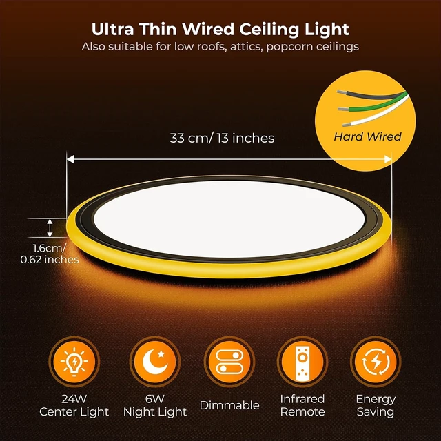 Alt view image 5 of 7 - BLNAN 13in LED Flush Mount Ceiling Light Fixture with Remote Control, Dimmable Night Light 2000K, 3000K-6500K 24W Wired Low Profile Light for Bedroom, Kitchen, Living Room, Round Black