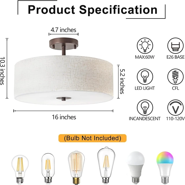 Alt view image 2 of 7 - Bargeni Semi Flush Mount Ceiling Light,16" Linen Drum Light Fixture,Bronze