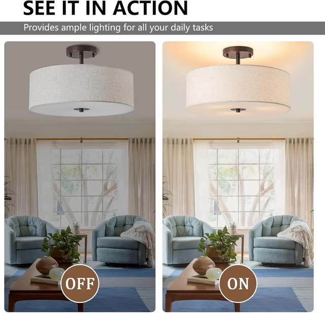 Alt view image 4 of 7 - Bargeni Semi Flush Mount Ceiling Light,16" Linen Drum Light Fixture,Bronze