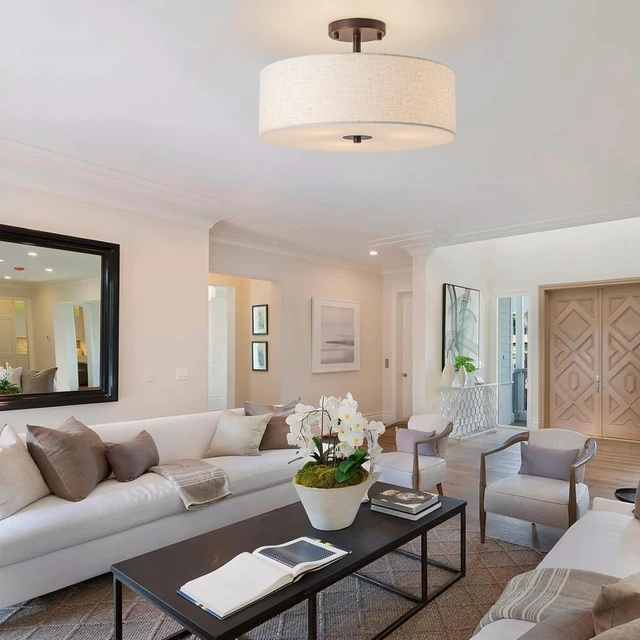 Alt view image 6 of 7 - Bargeni Semi Flush Mount Ceiling Light,16" Linen Drum Light Fixture,Bronze