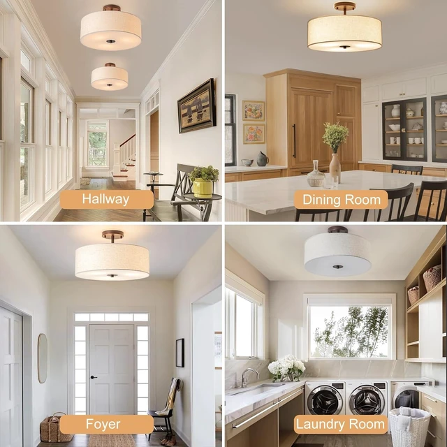 Alt view image 7 of 7 - Bargeni Semi Flush Mount Ceiling Light,16" Linen Drum Light Fixture,Bronze