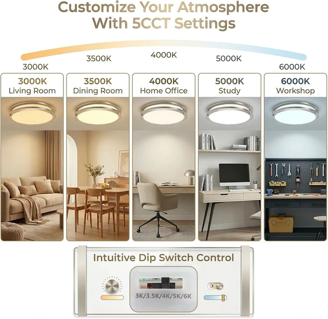 Alt view image 5 of 7 - OOWOLF 13inch LED Flush Mount Ceiling Light Fixture 5CCT Brushed Nickel