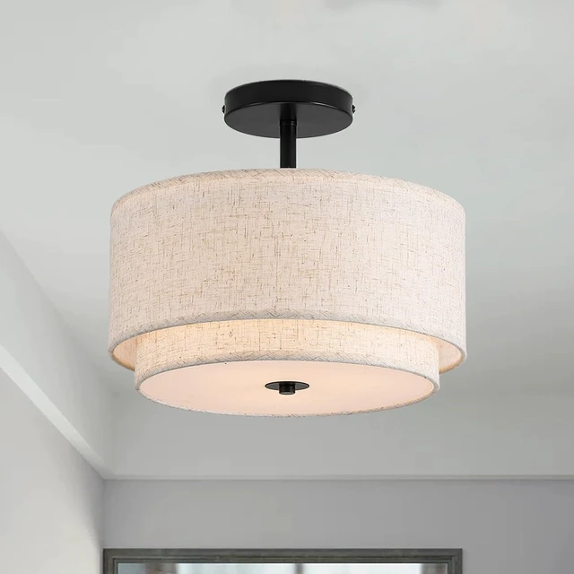 Main image of Vexagyle 12.6inch Flush Mount Ceiling Light Fixture,3-Light Modern Close to Ceiling Light with 2-Layer Linen Fabric Shade,Farmhouse Drum Ceiling Mount Lamp for Bedroom Hallway Living Room
