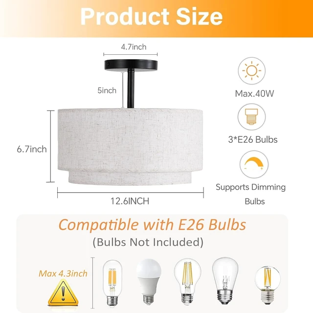 Alt view image 2 of 7 - Vexagyle 12.6inch Flush Mount Ceiling Light Fixture,3-Light Modern Close to Ceiling Light with 2-Layer Linen Fabric Shade,Farmhouse Drum Ceiling Mount Lamp for Bedroom Hallway Living Room