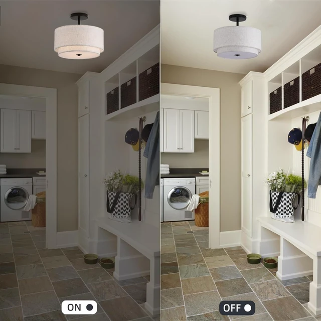 Alt view image 4 of 7 - Vexagyle 12.6inch Flush Mount Ceiling Light Fixture,3-Light Modern Close to Ceiling Light with 2-Layer Linen Fabric Shade,Farmhouse Drum Ceiling Mount Lamp for Bedroom Hallway Living Room