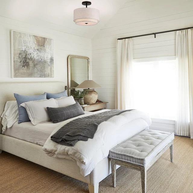 Alt view image 6 of 7 - Vexagyle 12.6inch Flush Mount Ceiling Light Fixture,3-Light Modern Close to Ceiling Light with 2-Layer Linen Fabric Shade,Farmhouse Drum Ceiling Mount Lamp for Bedroom Hallway Living Room