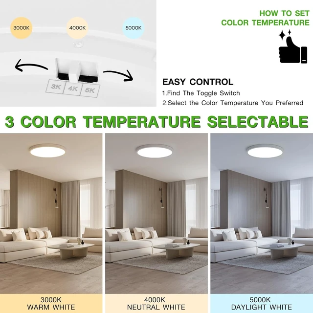 Alt view image 3 of 7 - 2 Pack 12 Inch LED Flush Mount Ceiling Light Fixture, 24 W 2640LM, Hardwired Dimmable CCT 3000K/4000K/5000K, Round Flat Panel Light for Bedroom, 0.7Inch Thin Mod