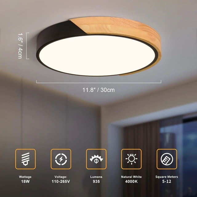Alt view image 3 of 7 - Modern LED Ceiling Light, Minimalist Wood Flush Mount Ceiling Light Fixture, 4000K Not Dimmable, Circle Lighting Lamp with Acrylic Lampshade for Bedroom Laundry Room Hallway (Black,11.8")