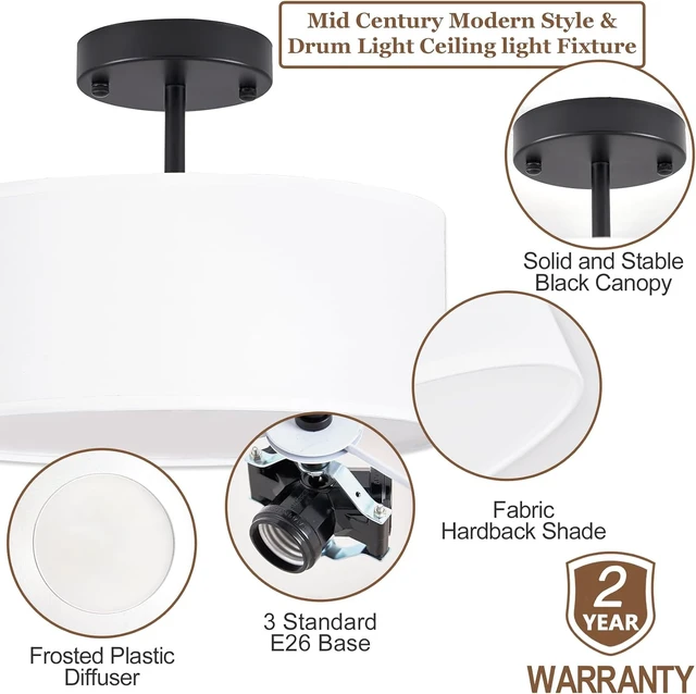 Alt view image 3 of 7 - Bargeni Semi Flush Mount Ceiling Light,13" Black Drum Ceiling Light Fixture