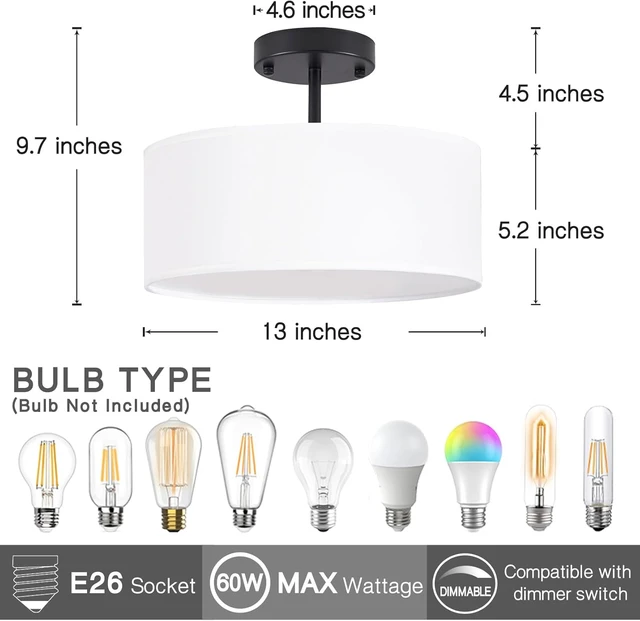 Alt view image 2 of 7 - Bargeni Semi Flush Mount Ceiling Light,13" Black Drum Ceiling Light Fixture