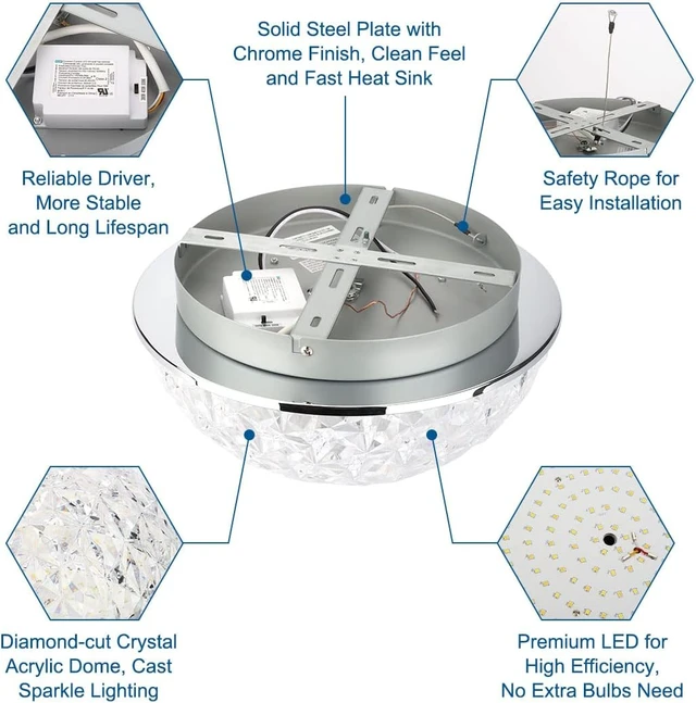 Alt view image 6 of 7 - DAKASON 12in LED Crystal Chandelier Flush Mount, 3000K/4000K/5000K 3CCT