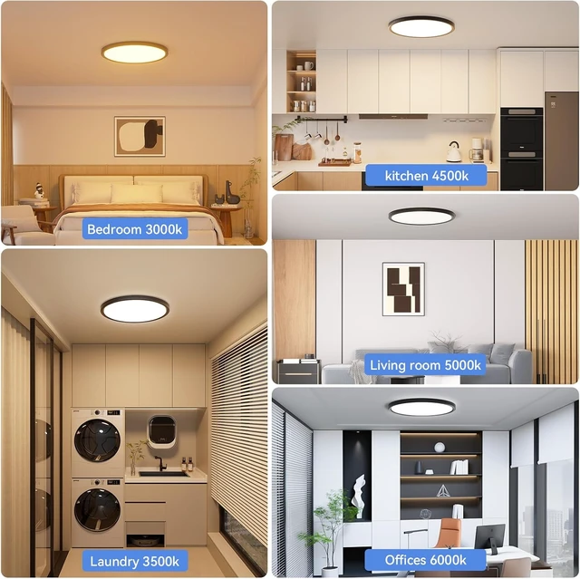 Alt view image 3 of 7 - 6 Pack 12 Inch Dimmable LED Flush Mount Ceiling Light Fixture 28W 3200LM 5 Color Temperature in One Super Slim Round Ceiling Lamp Low Profile Ceiling Lights for Living Bedroom Kitchen Laundry Black