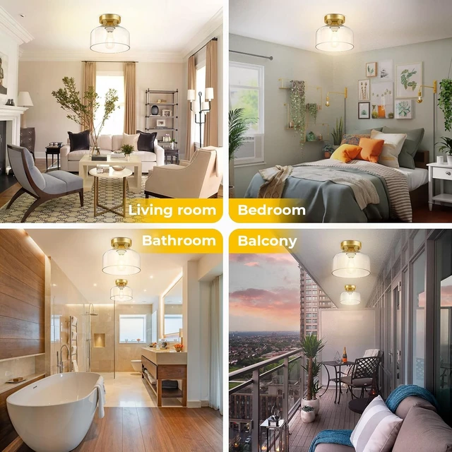Alt view image 2 of 7 - Semi Flush Mount Ceiling Light Brushed Gold - Clear Glass Pendant Lamp Shade, Modern Farmhouse Light Fixture for Hallway Corridor Kitchen Entryway Bedroom, Bulb Not Included