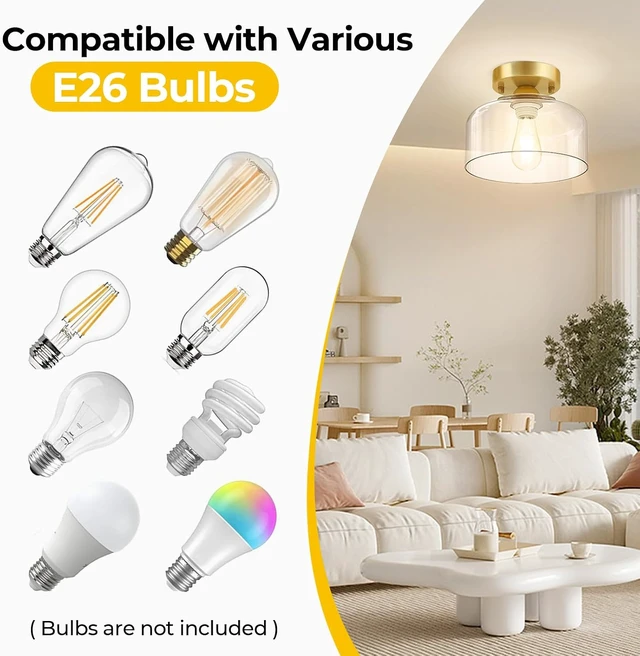 Alt view image 3 of 7 - Semi Flush Mount Ceiling Light Brushed Gold - Clear Glass Pendant Lamp Shade, Modern Farmhouse Light Fixture for Hallway Corridor Kitchen Entryway Bedroom, Bulb Not Included