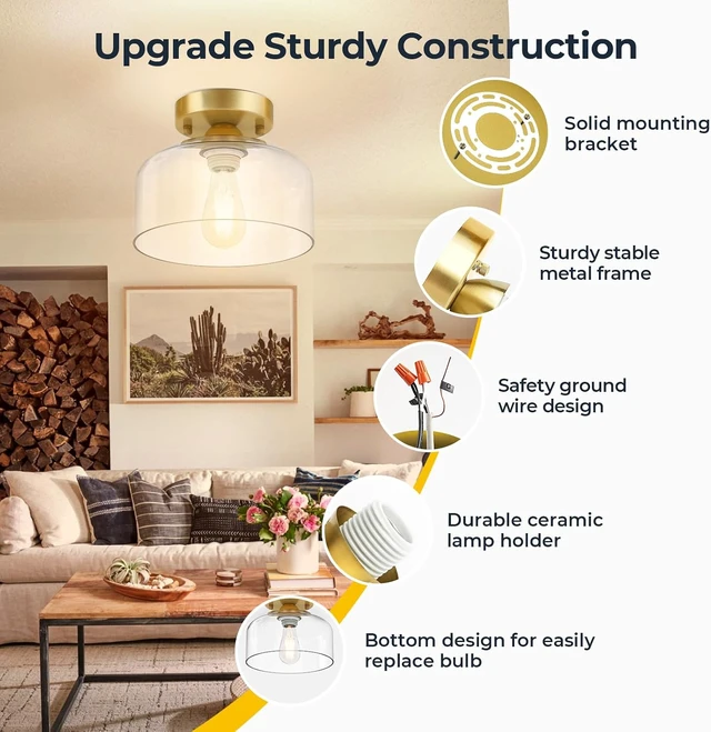 Alt view image 4 of 7 - Semi Flush Mount Ceiling Light Brushed Gold - Clear Glass Pendant Lamp Shade, Modern Farmhouse Light Fixture for Hallway Corridor Kitchen Entryway Bedroom, Bulb Not Included