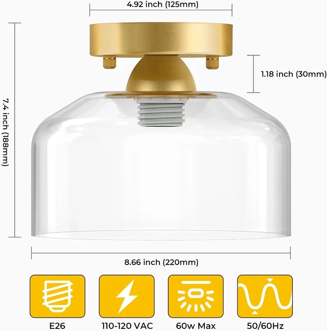 Alt view image 5 of 7 - Semi Flush Mount Ceiling Light Brushed Gold - Clear Glass Pendant Lamp Shade, Modern Farmhouse Light Fixture for Hallway Corridor Kitchen Entryway Bedroom, Bulb Not Included