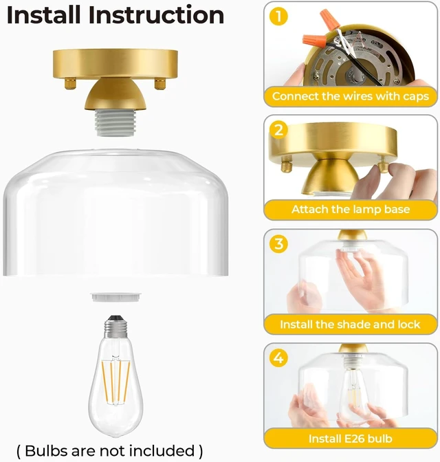 Alt view image 6 of 7 - Semi Flush Mount Ceiling Light Brushed Gold - Clear Glass Pendant Lamp Shade, Modern Farmhouse Light Fixture for Hallway Corridor Kitchen Entryway Bedroom, Bulb Not Included