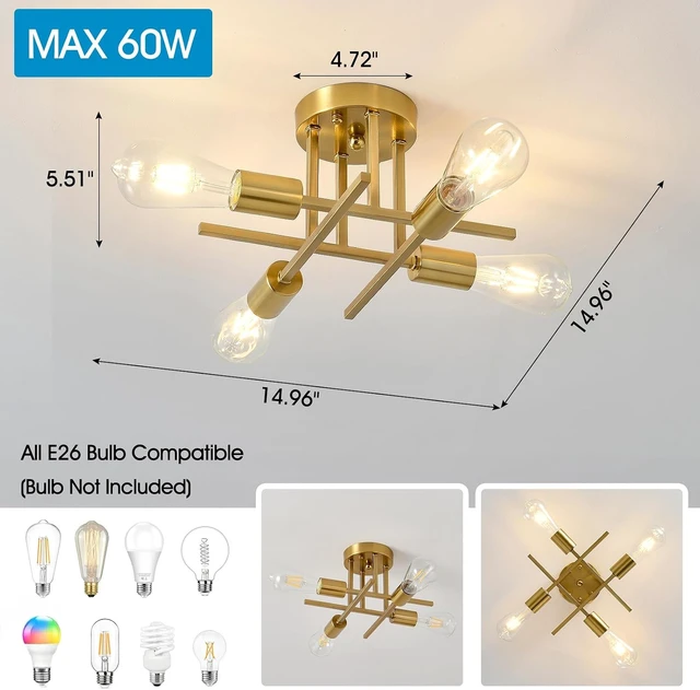Alt view image 2 of 4 - EGM Semi Flush Mount Ceiling Light 4-Light Gold Sputnik Chandelier, 1-Pack
