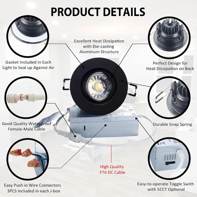 Alt view image 3 of 7 - POPANU 3 Inch LED Recessed Lights 6 Pack,Adjustable Gimbal Downlight, Black
