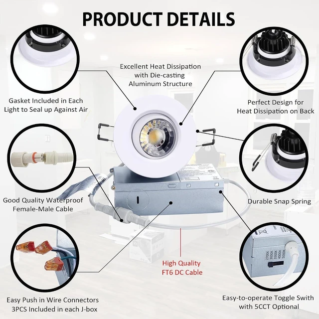 Alt view image 4 of 7 - POPANU 3 Inch Gimbal LED Recessed Lights 6 Pack,Adjustable Downlight, White