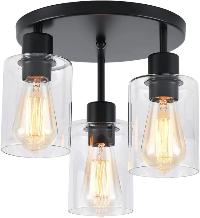 Main image of 3-Light Industrial Farmhouse Black Matte Light Fixtures Ceiling Mount, with Clear Glass Shades Semi Flush Mount Ceiling Light, for Hallway Fixtures Kitchen, Foyer