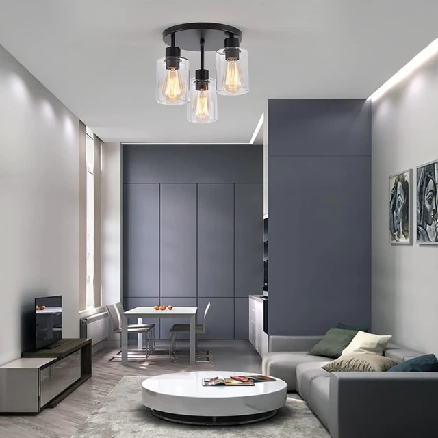 Alt view image 3 of 7 - 3-Light Industrial Farmhouse Black Matte Light Fixtures Ceiling Mount, with Clear Glass Shades Semi Flush Mount Ceiling Light, for Hallway Fixtures Kitchen, Foyer
